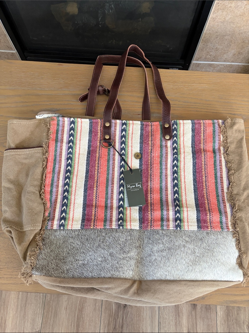 Myra Bag Multicolor Striped Canvas and Leather Tote with Brown Handles